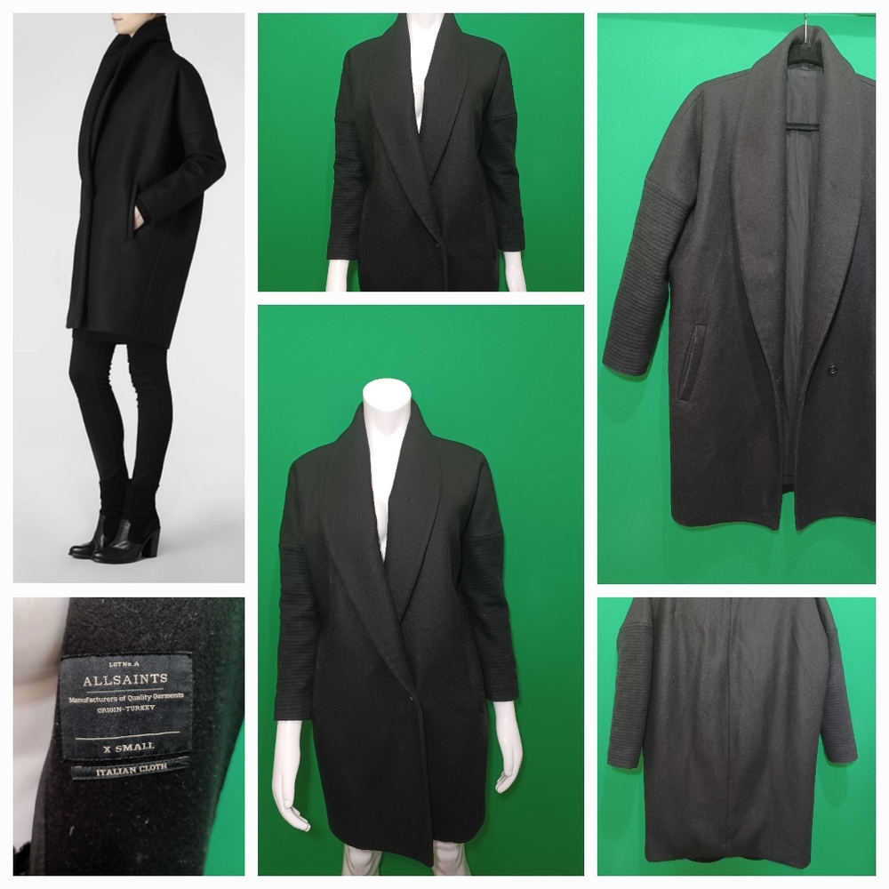 All Saints Dante Wool coat Size XS Black EUC Orig $550